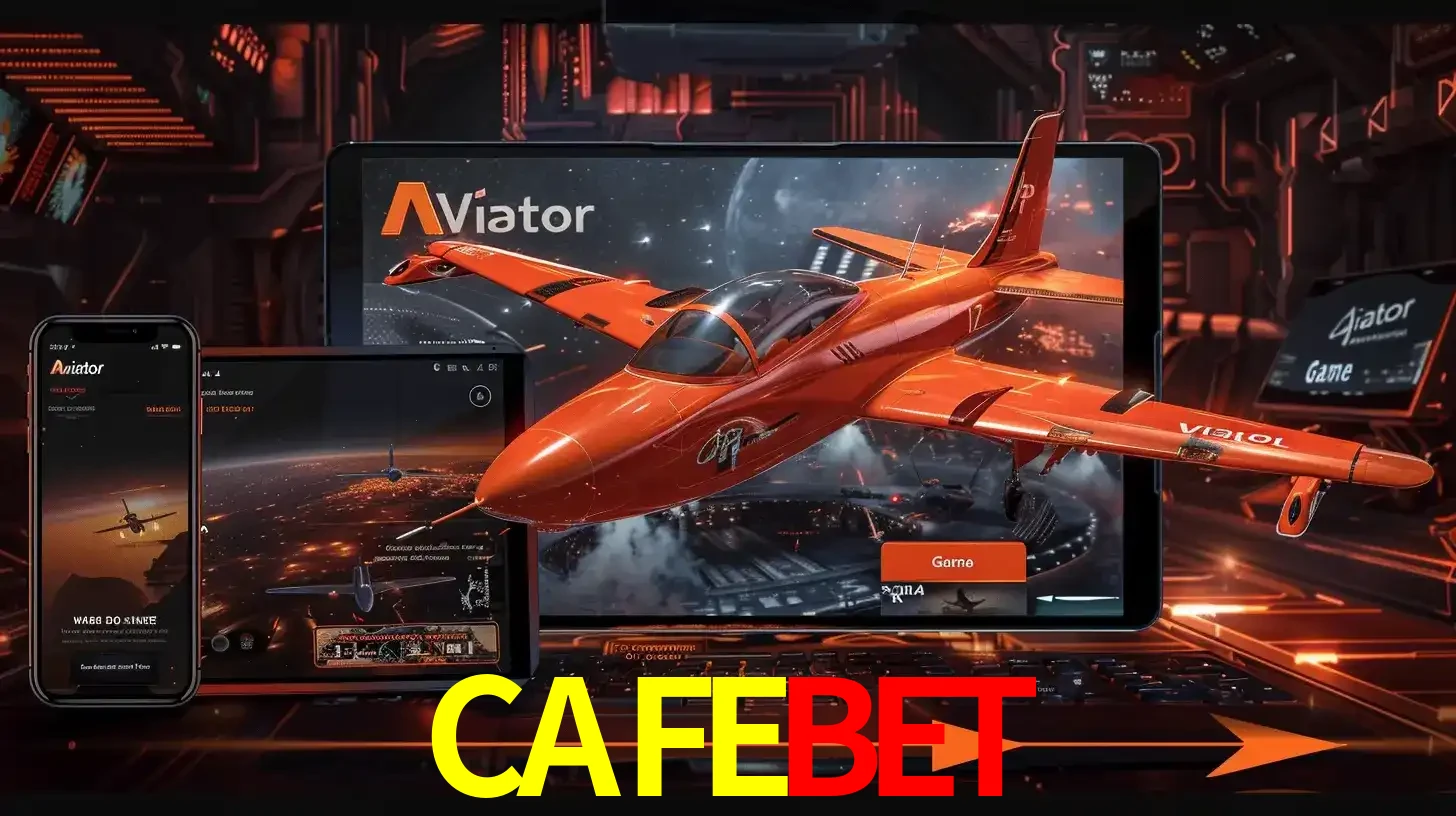 Apresentação tecnológica do jogo Aviator com um avião saindo da tela de um tablet, demonstrando a experiência imersiva em múltiplos dispositivos no CAFEBET.