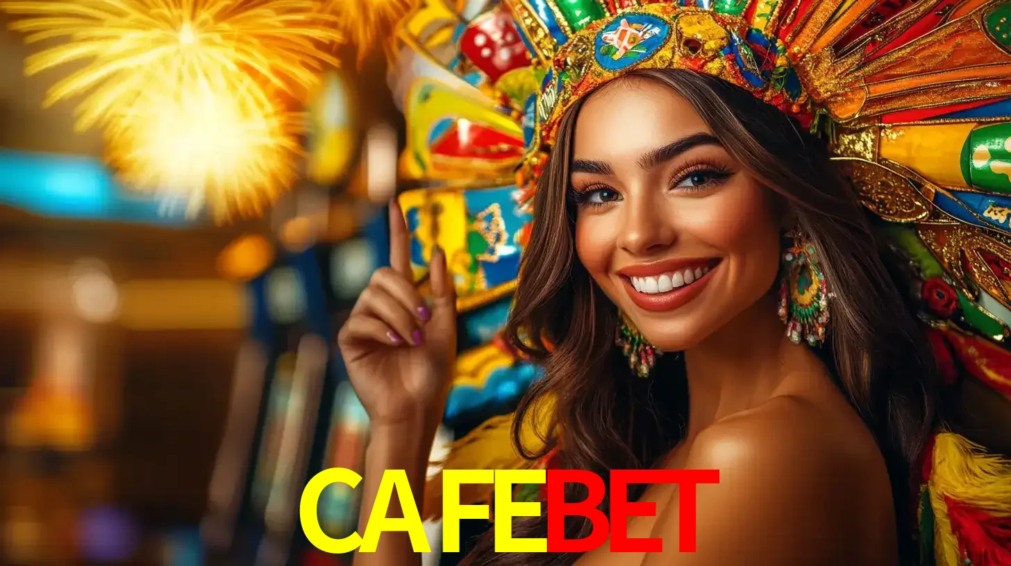 Mulher sorridente com um cocar de carnaval vibrante e colorido, celebrando uma grande vitória nos jogos do cassino CAFEBET com fogos de artifício ao fundo.