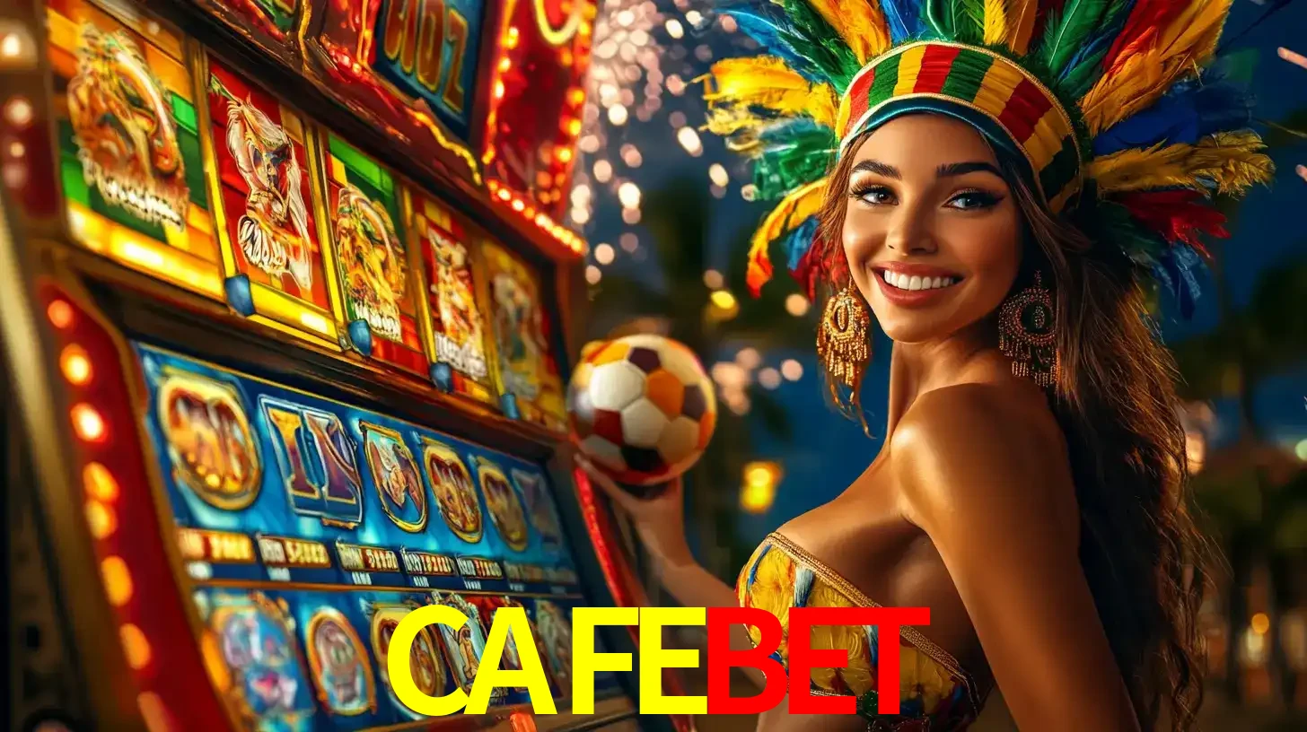 Mulher com um cocar de carnaval ao lado de uma máquina de caça-níqueis enquanto segura uma bola de futebol, mostrando a união da diversão de cassino e esportes no CAFEBET.