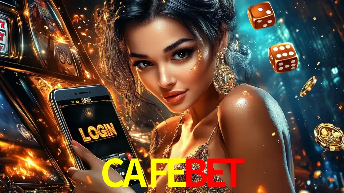 Mulher glamourosa segurando um celular com a tela de login do cassino CAFEBET, rodeada por dados e moedas douradas, pronta para começar a diversão.