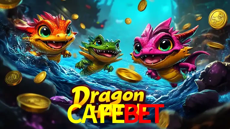 Arte promocional do jogo Dragon Hatch com três adoráveis dragões bebês nadando entre moedas de ouro, um dos slots mais divertidos para jogar no cassino CAFEBET.