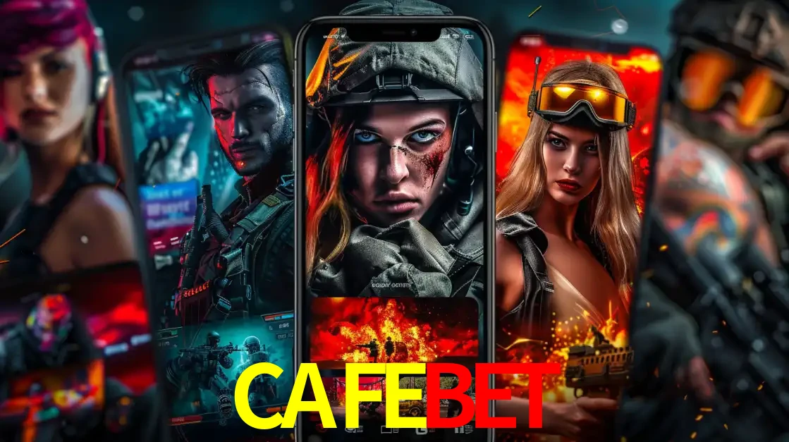 Montagem de telas de celular mostrando diversos personagens, masculinos e femininos, de um jogo de tiro, ilustrando a diversidade de equipes de e-sports para apostar no CAFEBET.