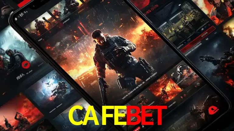 Tela de um celular exibindo uma galeria de jogos de tiro com temática militar, mostrando a variedade de e-sports disponíveis para apostas na plataforma de entretenimento CAFEBET.