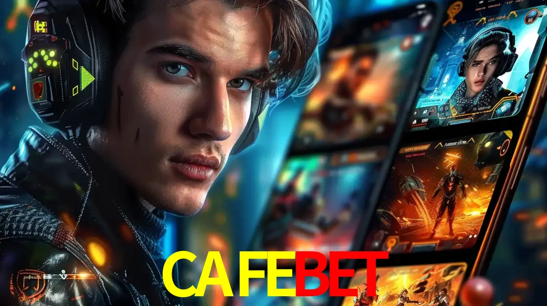 Jovem jogador com fones de ouvido olhando para a câmera, com um aplicativo de jogos e e-sports para celular ao fundo, pronto para a competição e apostas no CAFEBET.