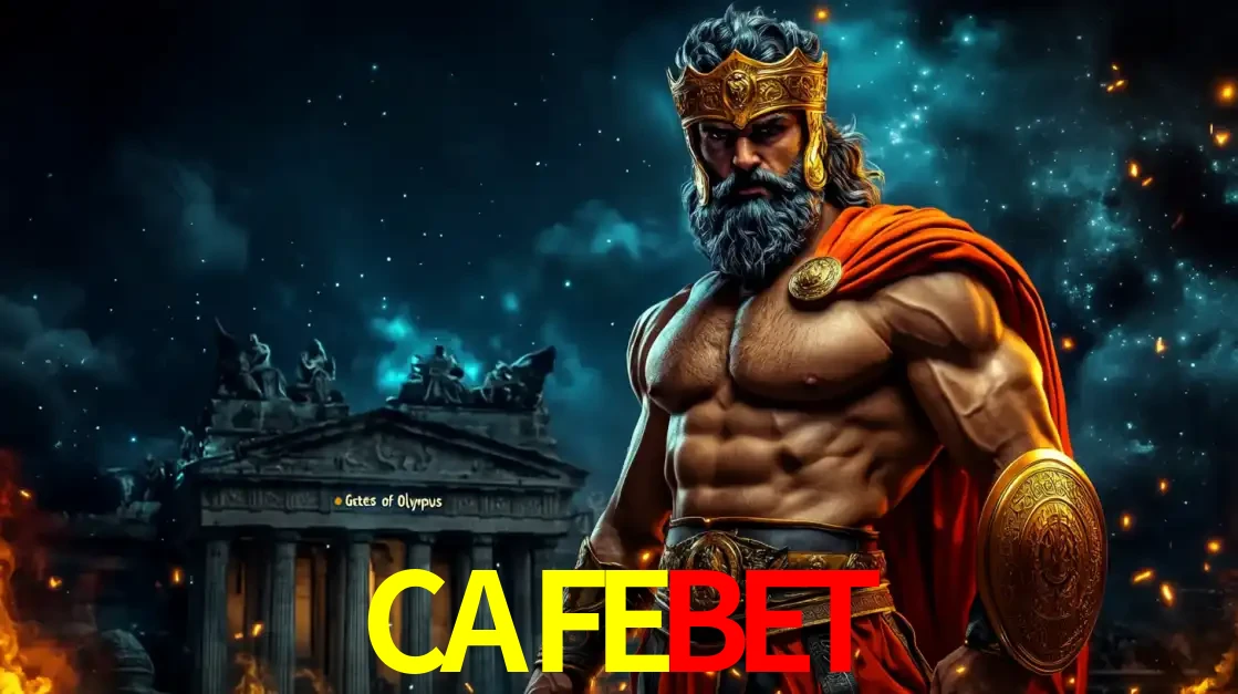 O poderoso Zeus do jogo de slot Gates of Olympus em frente ao seu templo, pronto para lançar multiplicadores divinos e prêmios épicos no cassino online CAFEBET.