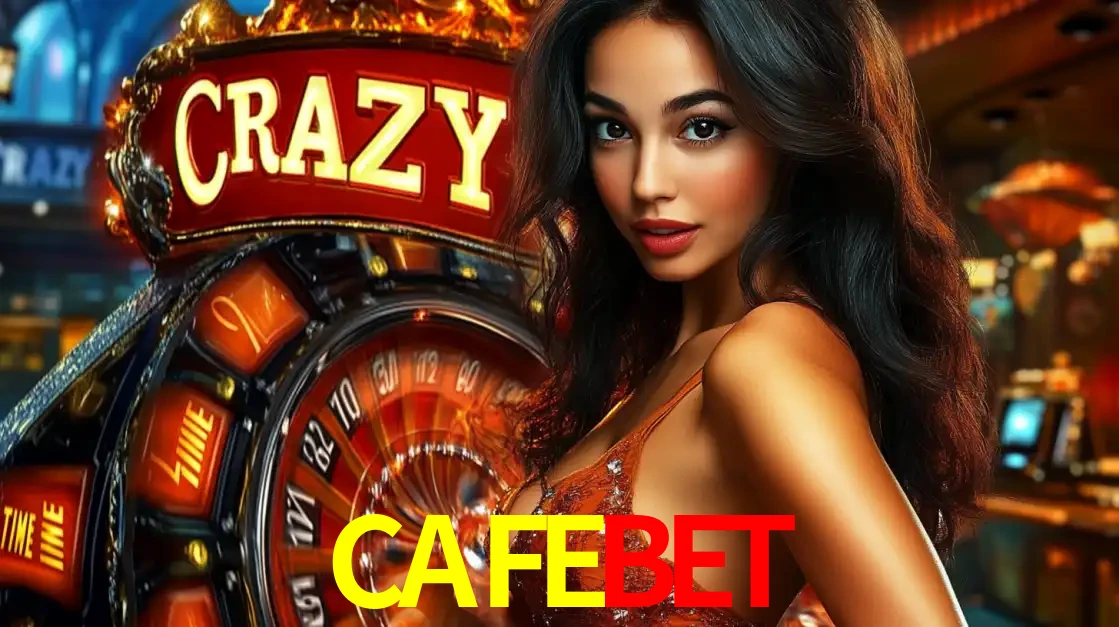 Mulher glamourosa olhando para a câmera com a roda vermelha do Crazy Time ao fundo em um ambiente de cassino, destacando a emoção dos jogos ao vivo no CAFEBET.