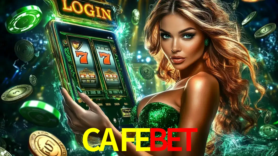 Mulher com tema verde apresentando o aplicativo do cassino CAFEBET com um jogo de slot de 777, cercada por fichas de cassino e uma aura de sorte.