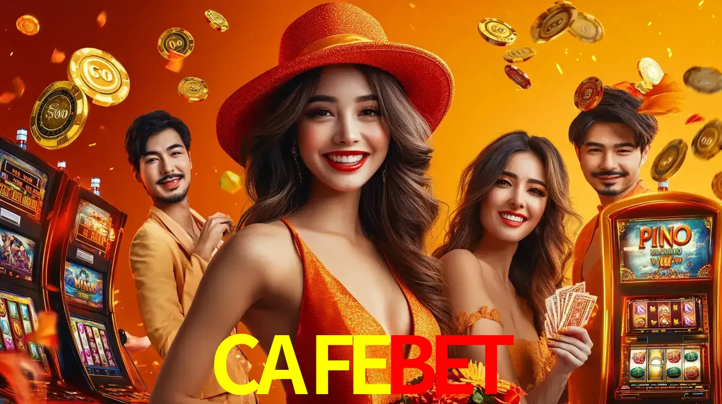 Grupo de amigos asiáticos sorrindo e se divertindo com máquinas de caça-níqueis em um ambiente festivo, celebrando suas vitórias nos jogos de cassino do CAFEBET.