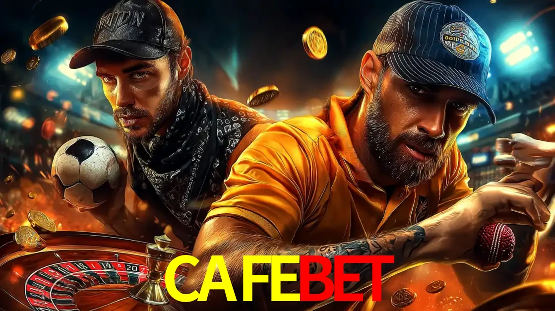 Montagem de apostas esportivas e cassino no CAFEBET, com um homem segurando uma bola de futebol e outro uma de beisebol sobre uma roleta e moedas voadoras.