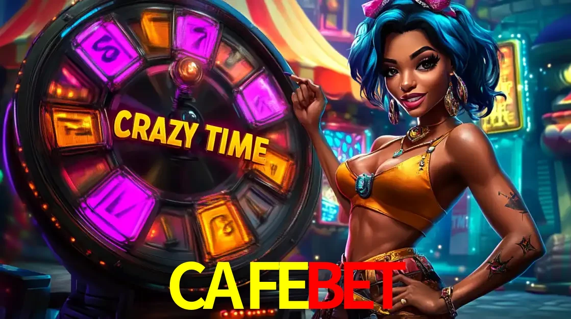 Mulher estilizada com cabelo azul e visual vibrante posando ao lado da roda de prêmios do game show Crazy Time, convidando para a diversão e os bônus do cassino CAFEBET.