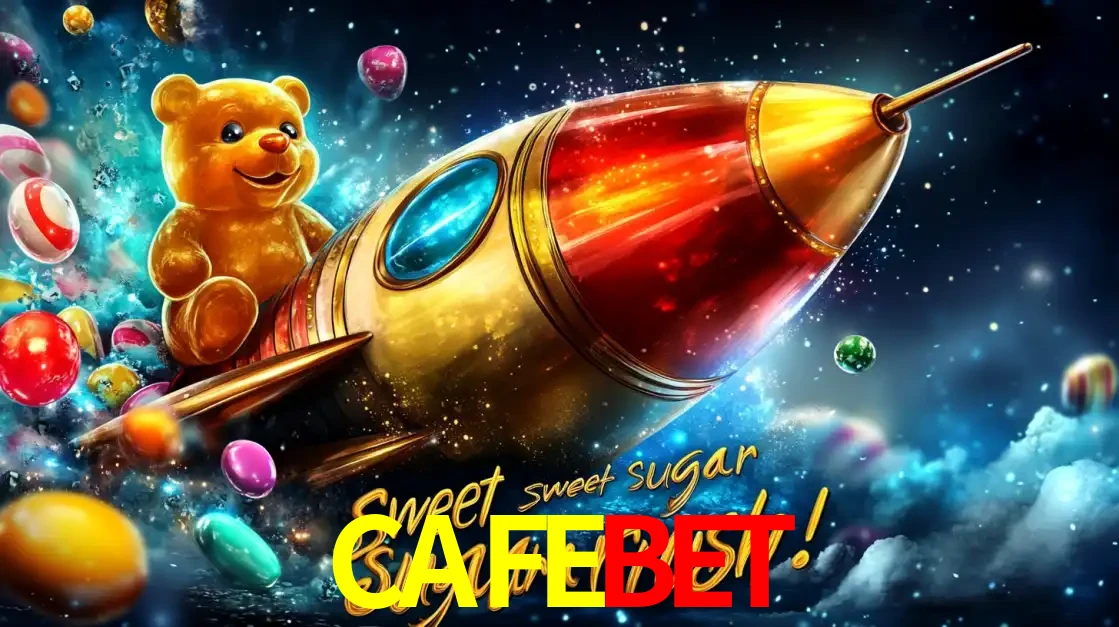 Arte promocional do jogo de slot Sugar Rush, com um urso de pelúcia em um foguete viajando pelo espaço de doces, um dos jogos divertidos disponíveis no cassino CAFEBET.