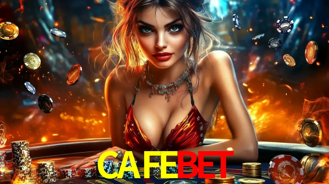 Mulher em uma mesa de cassino com pilhas de fichas e um fundo de fogo, pronta para uma rodada de altas apostas nos jogos de mesa emocionantes do cassino CAFEBET.