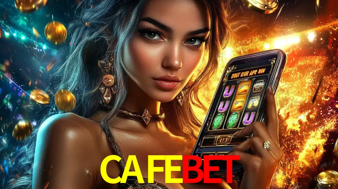 Mulher elegante mostrando um jogo de caça-níqueis em seu smartphone, destacando a experiência de cassino móvel oferecida pelo aplicativo CAFEBET.