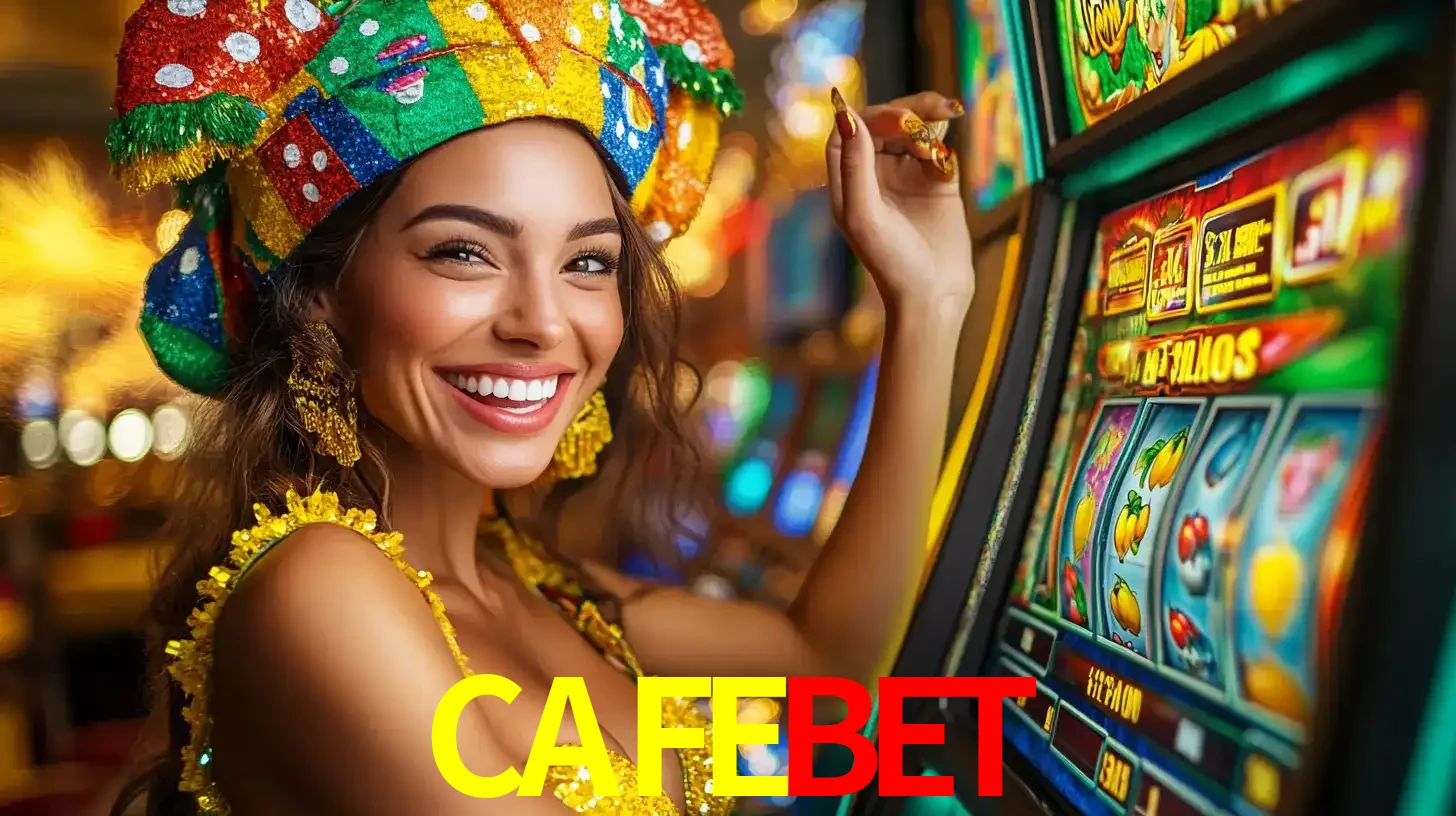 Mulher feliz com traje de carnaval amarelo e colorido ao lado de uma máquina de caça-níqueis, aproveitando a diversão e os jogos temáticos do cassino CAFEBET.
