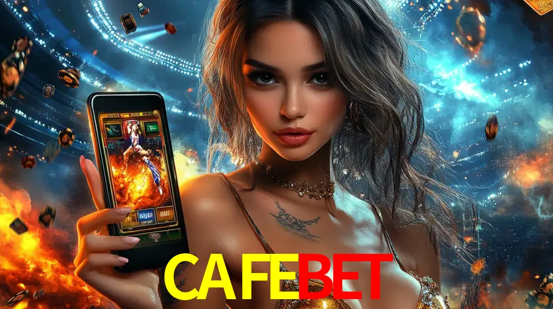Mulher segurando um celular com um jogo de slot em destaque, tendo como fundo um estádio vibrante, simbolizando a emoção de jogar no cassino móvel CAFEBET.