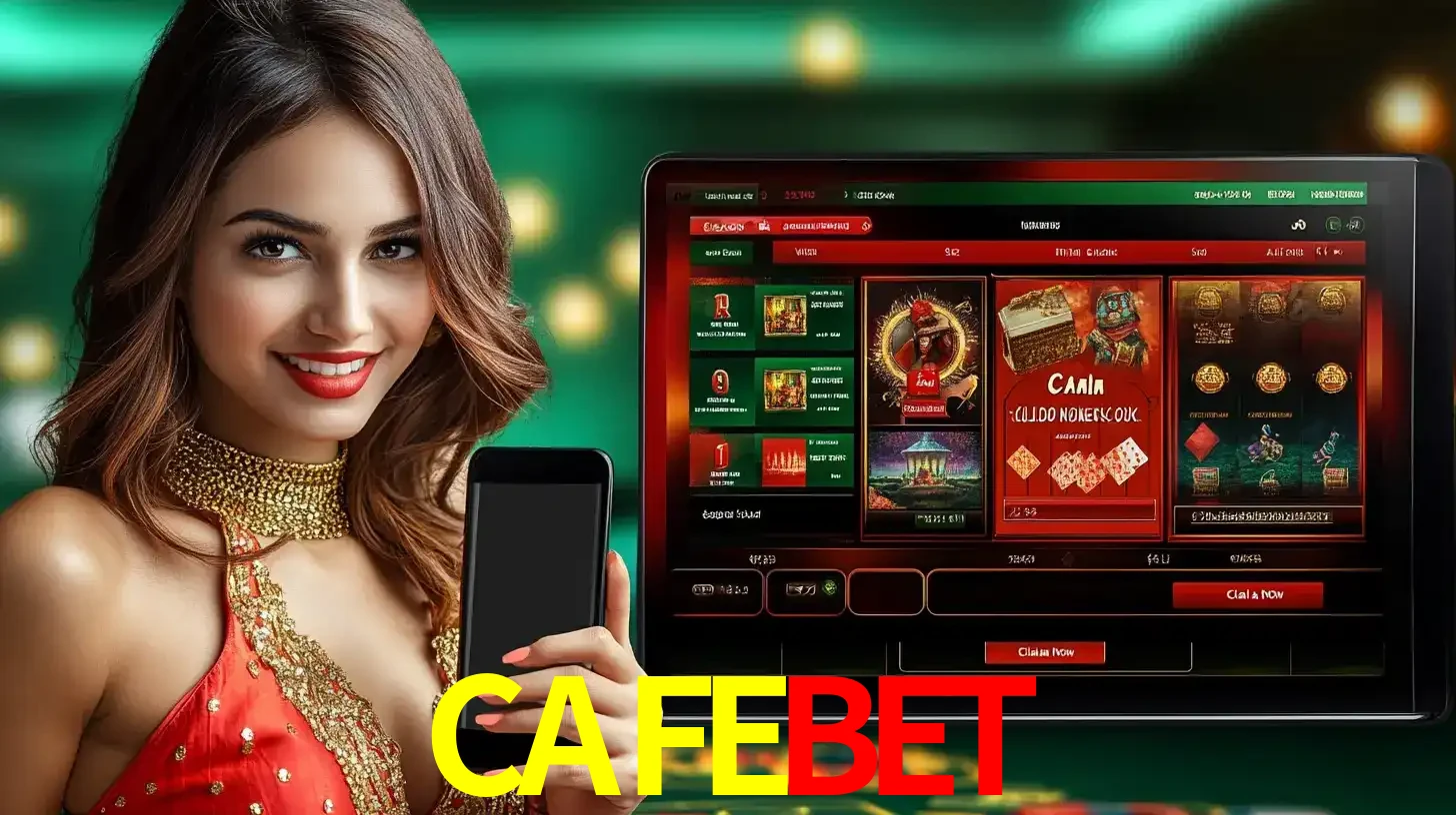 Mulher sorridente segurando um smartphone, ao lado de uma tela exibindo o lobby de jogos do cassino online CAFEBET, com várias opções de jogos de cartas e slots.